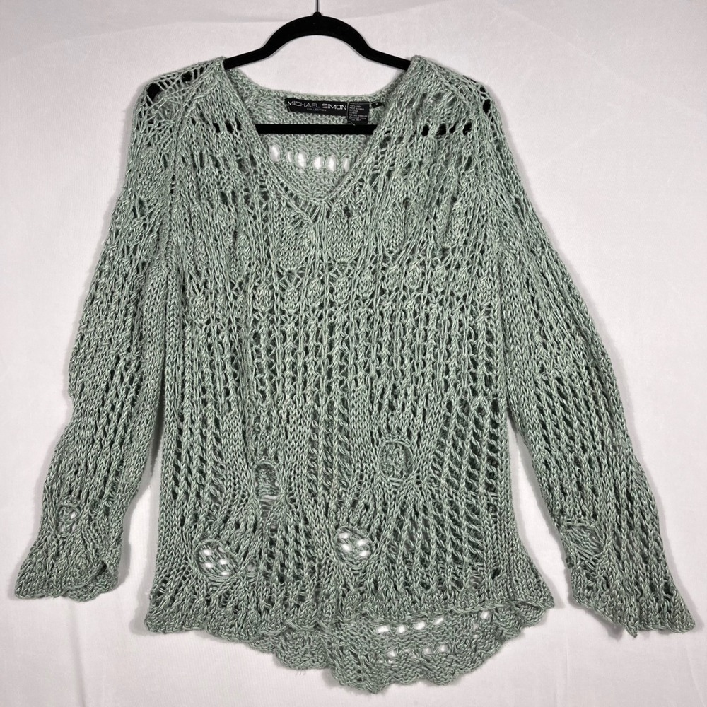 Vtg 90s Y2K Michael Simon 100% Linen Open Knit Crochet Sweater Wms 2 Sage Green‎